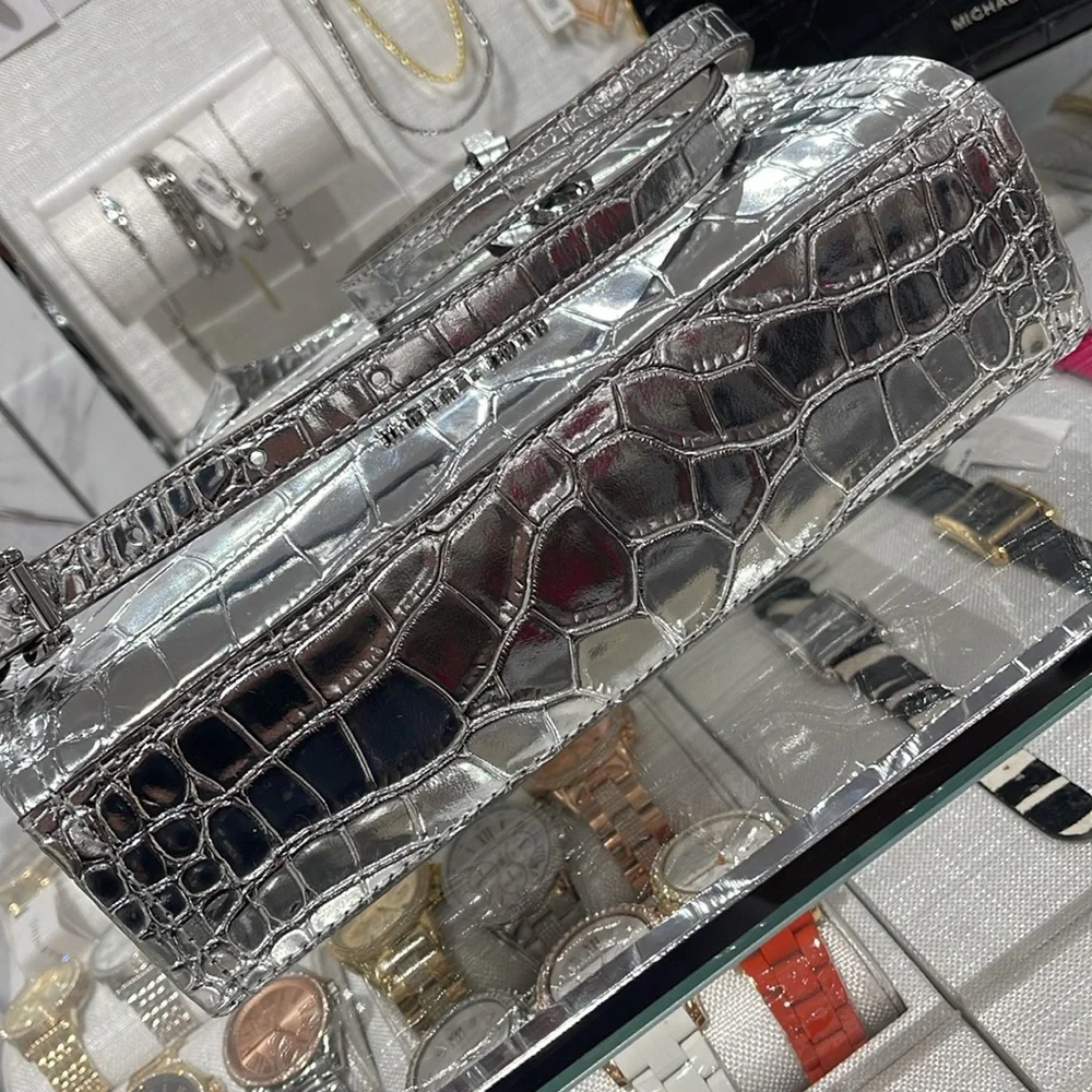 Michael Kors Gigi Small Metallic Crocodile Embossed Leather Messenger Bag Silver